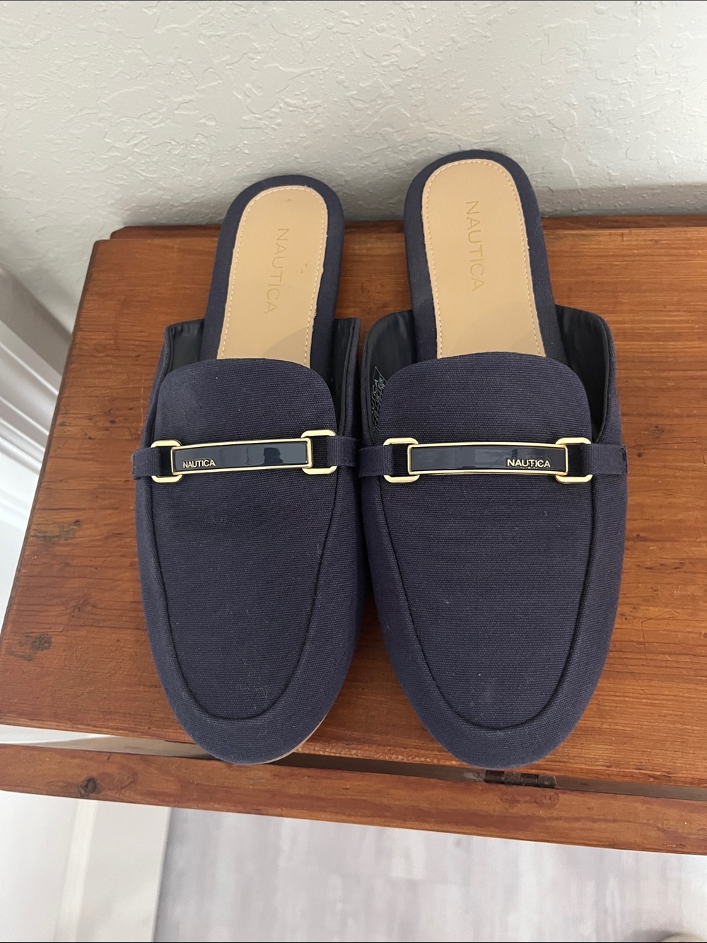 Nautica Labella Women's Navy Blue Slip-On Mules with Navy Enamel Gold Accent